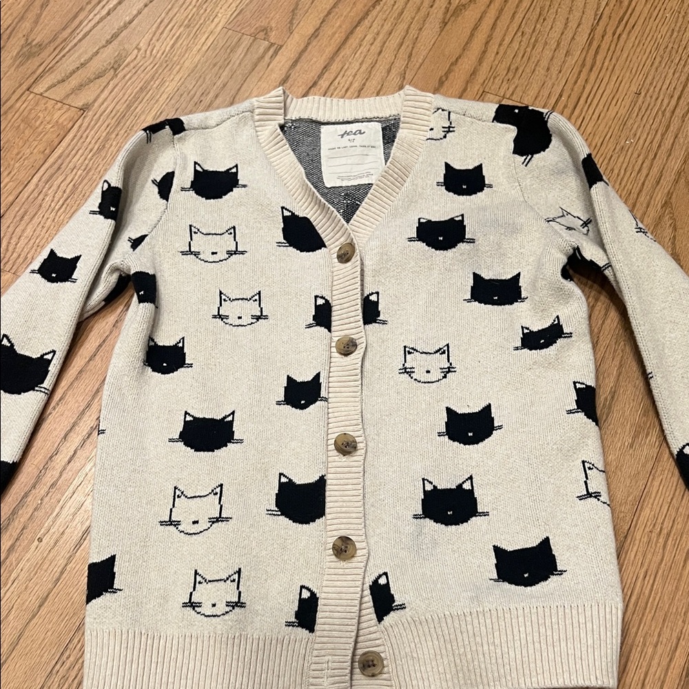 Tea Collection Cat Pattern Cardigan - Cream & Black S 4-5